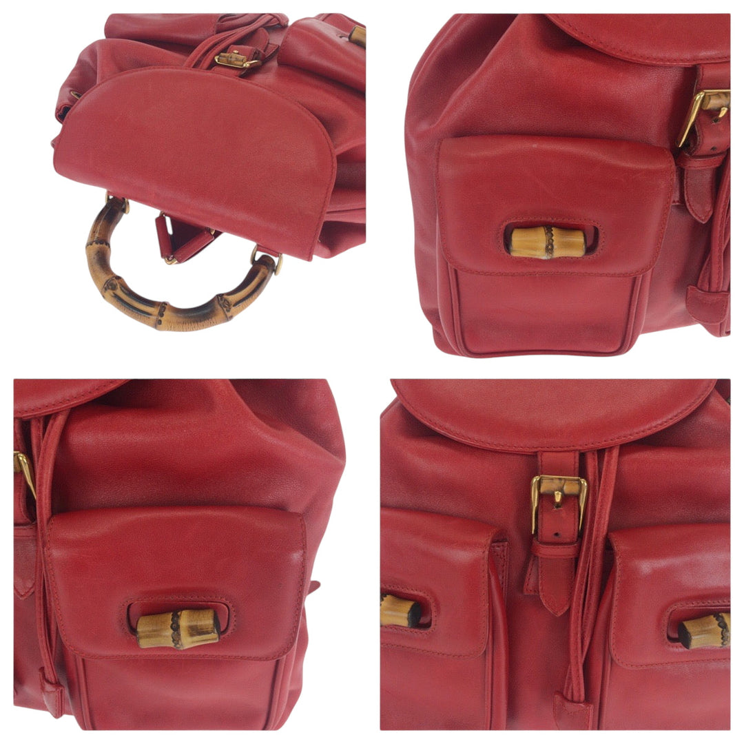 GUCCI Backpack 003 2058 0016 leather Red Brown Gold Metal Backpack Backpack Bamboo Women Used Authentic