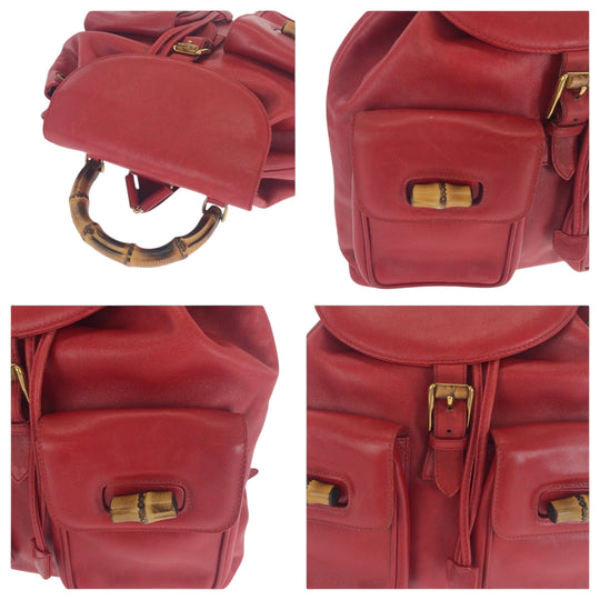 GUCCI Backpack 003 2058 0016 leather Red Brown Gold Metal Backpack Backpack Bamboo Women Used Authentic