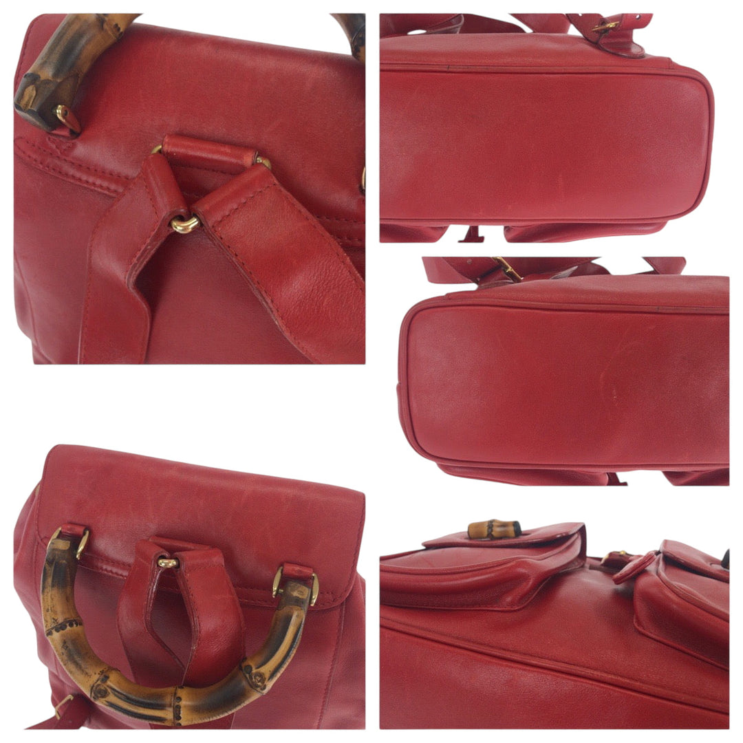 GUCCI Backpack 003 2058 0016 leather Red Brown Gold Metal Backpack Backpack Bamboo Women Used Authentic