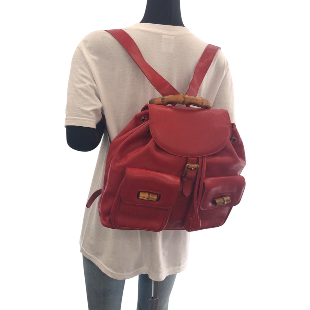 GUCCI Backpack 003 2058 0016 leather Red Brown Gold Metal Backpack Backpack Bamboo Women Used Authentic