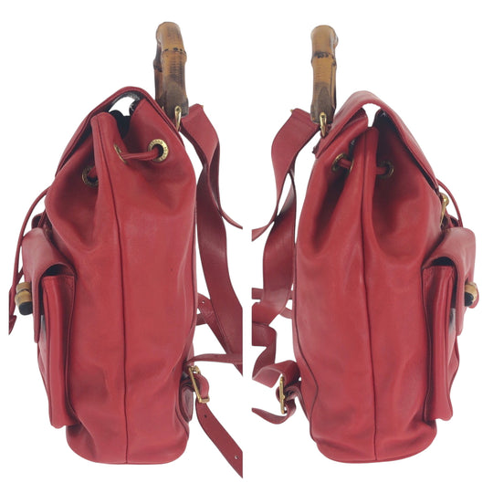 GUCCI Backpack 003 2058 0016 leather Red Brown Gold Metal Backpack Backpack Bamboo Women Used Authentic