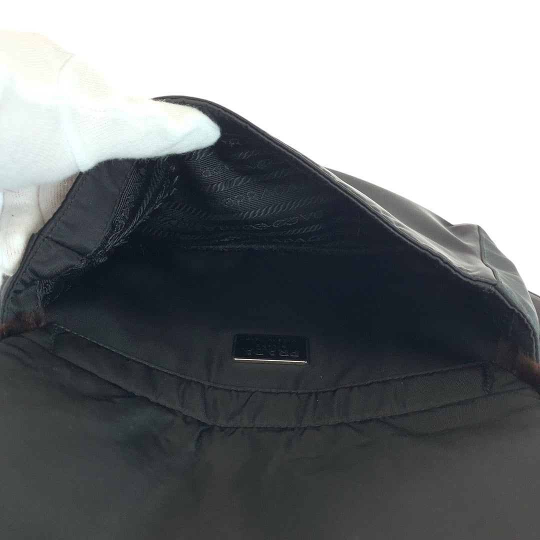 PRADA Shoulder Bag Nylon Brown Black 99AW Tessuto Triangle With logo fur