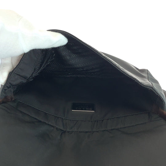 PRADA Shoulder Bag Nylon Brown Black 99AW Tessuto Triangle With logo fur