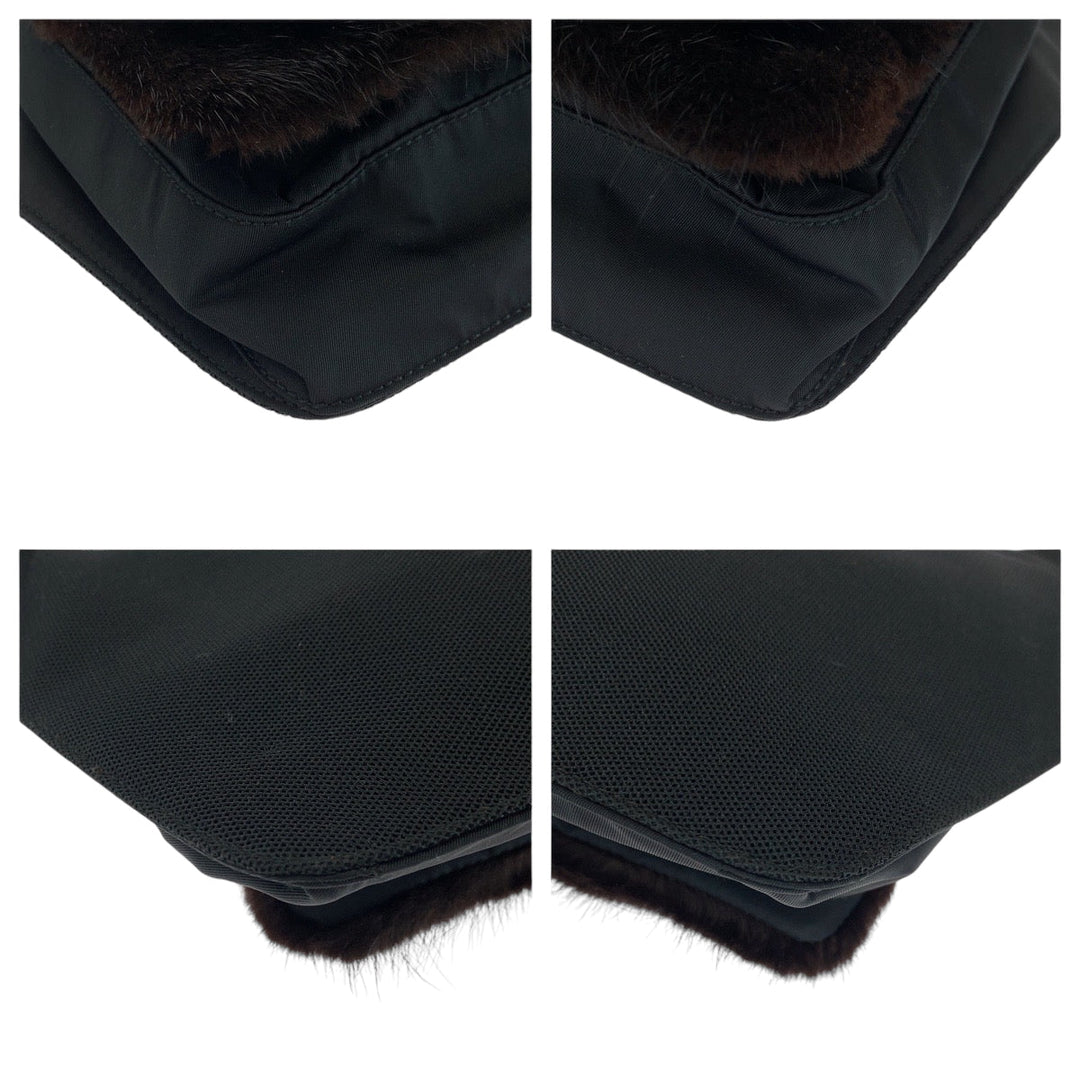 PRADA Shoulder Bag Nylon Brown Black 99AW Tessuto Triangle With logo fur