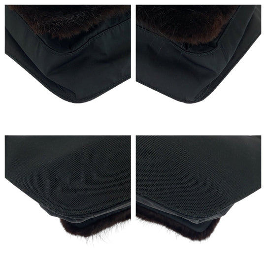 PRADA Shoulder Bag Nylon Brown Black 99AW Tessuto Triangle With logo fur
