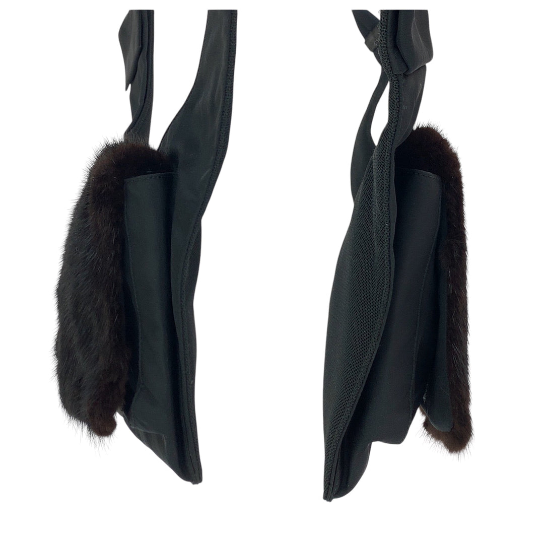 PRADA Shoulder Bag Nylon Brown Black 99AW Tessuto Triangle With logo fur