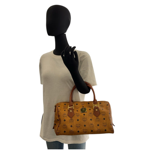MCM Handbag leather Brown Gold Metal Handbag Boston Duffel bag Vicetos Women Used Authentic