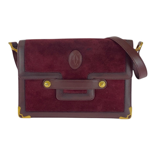 CARTIER Shoulder Bag Suede Bordeaux Gold Metal Must de Cartier
