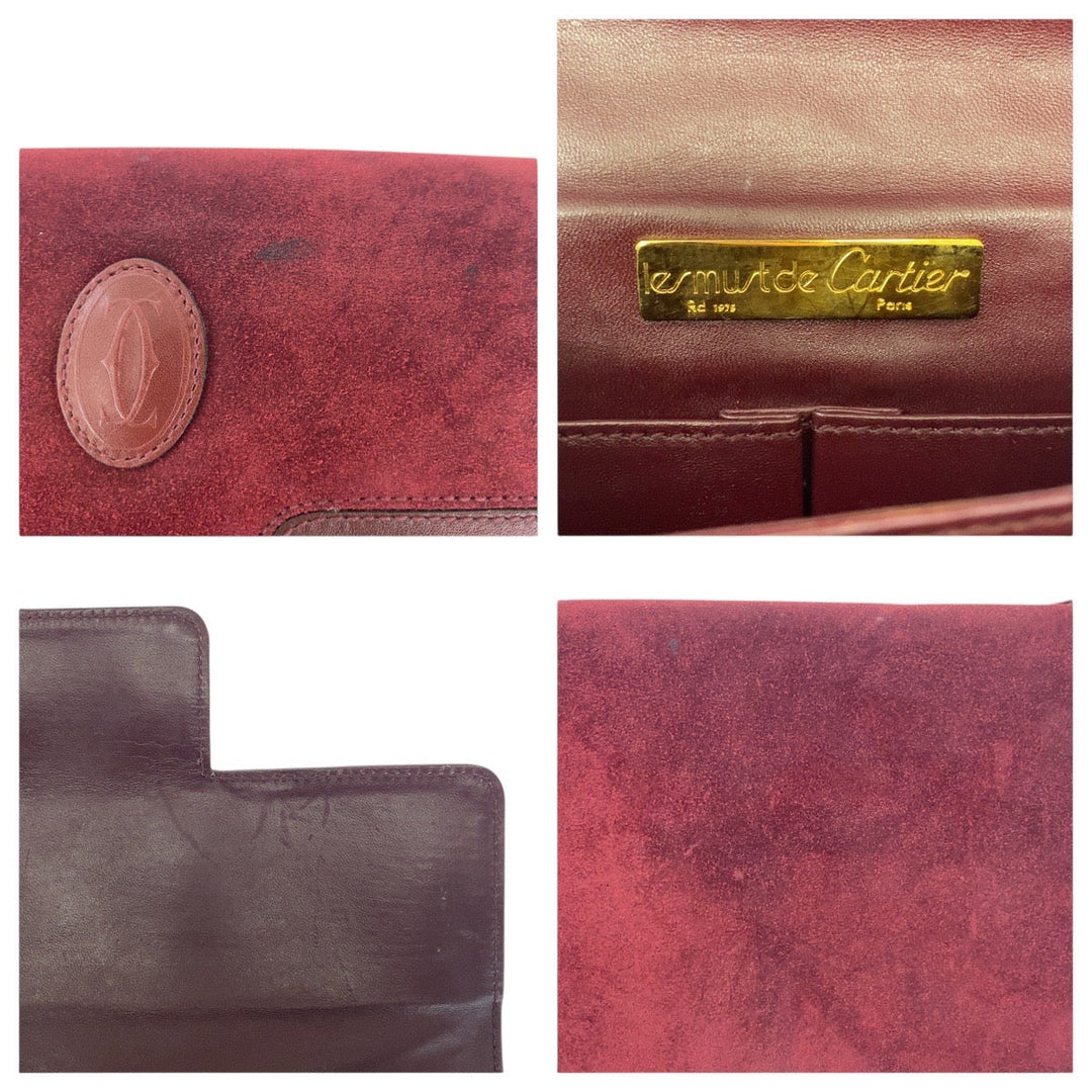 CARTIER Shoulder Bag Suede Bordeaux Gold Metal Must de Cartier