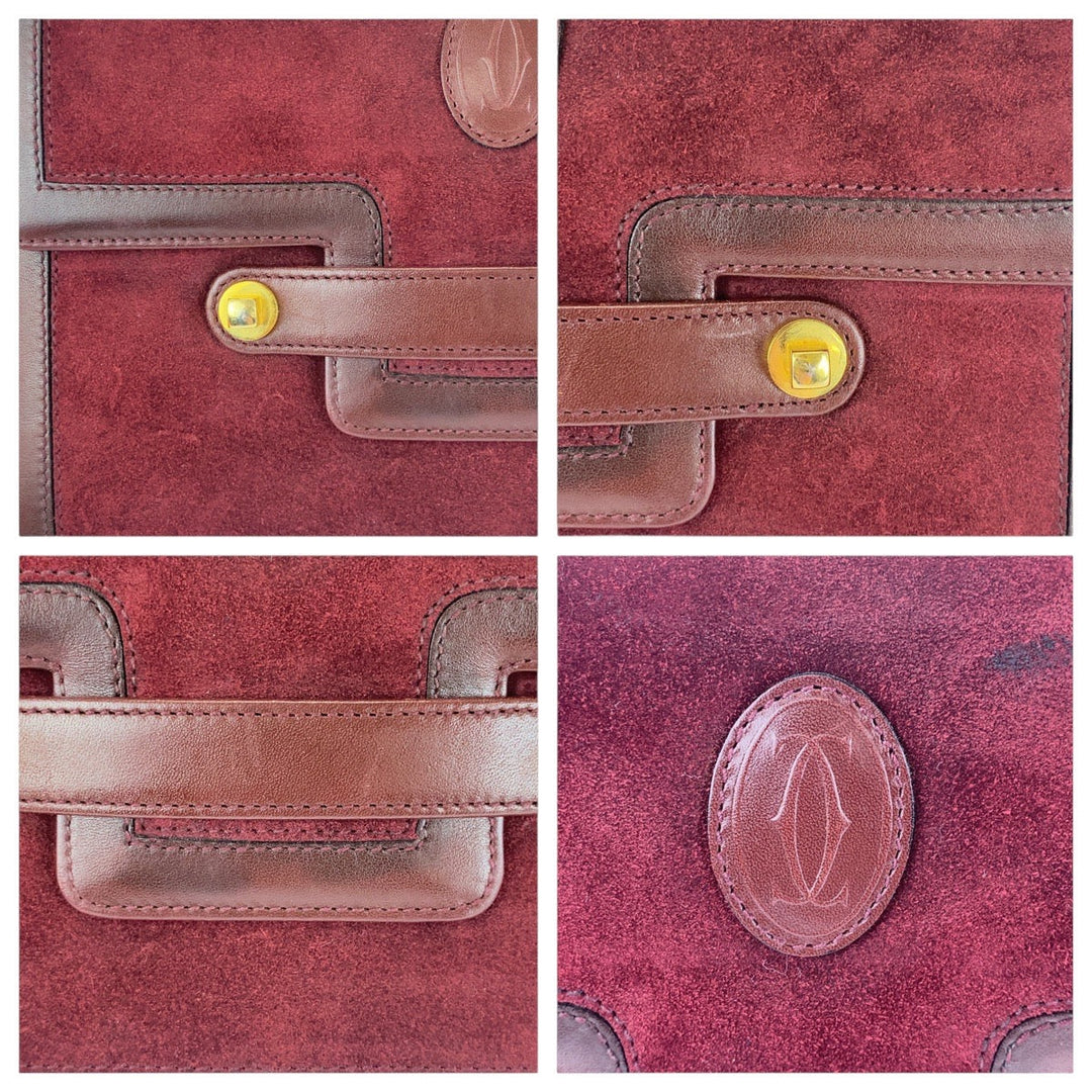 CARTIER Shoulder Bag Suede Bordeaux Gold Metal Must de Cartier