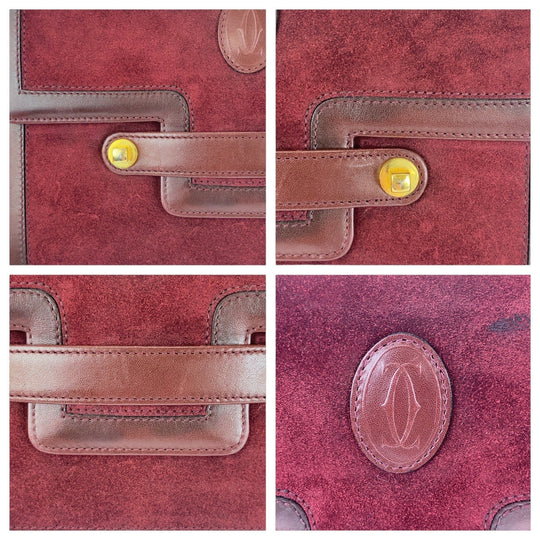 CARTIER Shoulder Bag Suede Bordeaux Gold Metal Must de Cartier