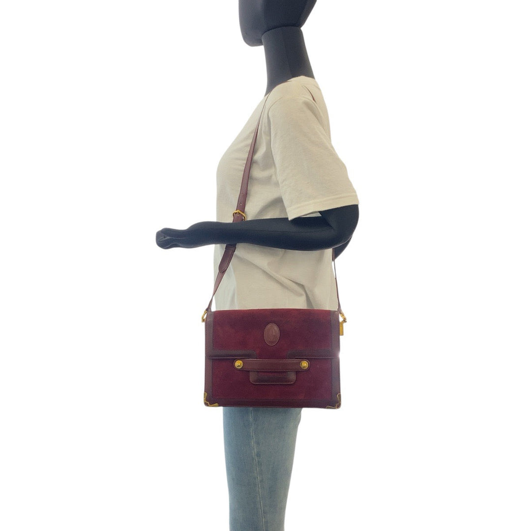 CARTIER Shoulder Bag Suede Bordeaux Gold Metal Must de Cartier