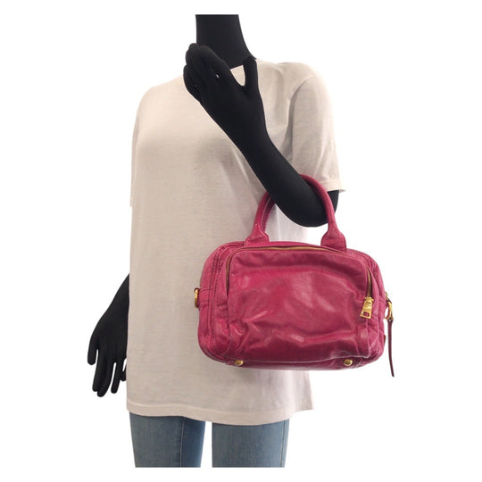 PRADA Tote Bag leather Pink Gold Metal Triangle With logo