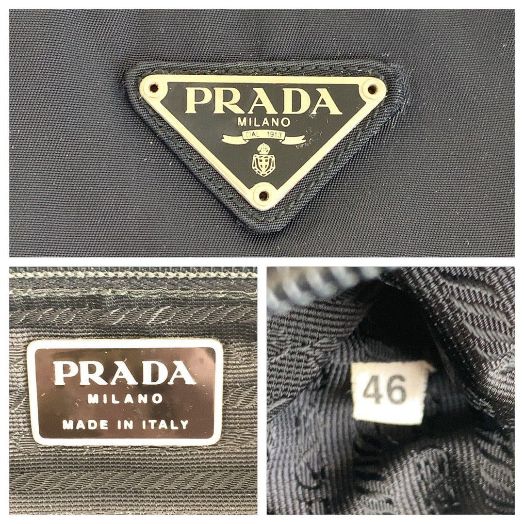 PRADA Tote Bag Nylon Black SilverMetal Tote Bag handbag Test Triangle With logo Women Used Authentic