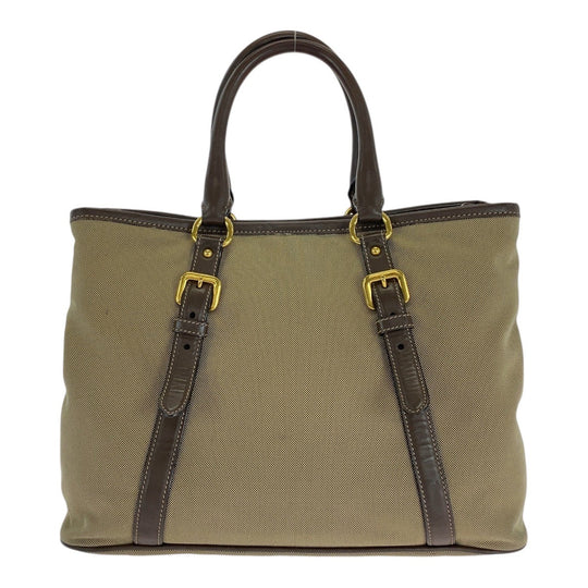 PRADA Tote Bag Canvas, Leather Khaki Brown Gold Metal Tote Bag Shoulder Bag Logo jacquard Triangle With logo Women Used Authentic