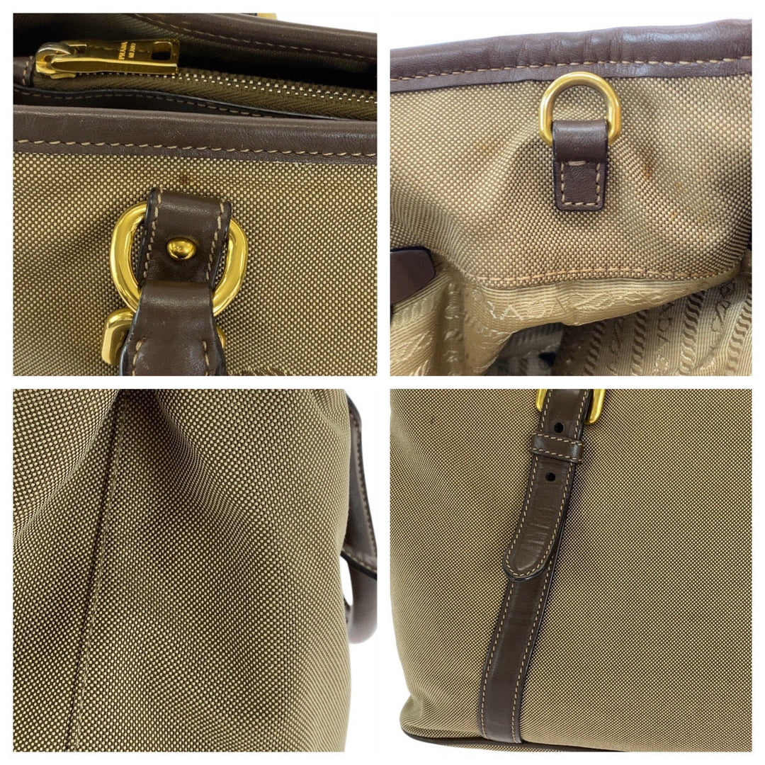 PRADA Tote Bag Canvas, Leather Khaki Brown Gold Metal Tote Bag Shoulder Bag Logo jacquard Triangle With logo Women Used Authentic