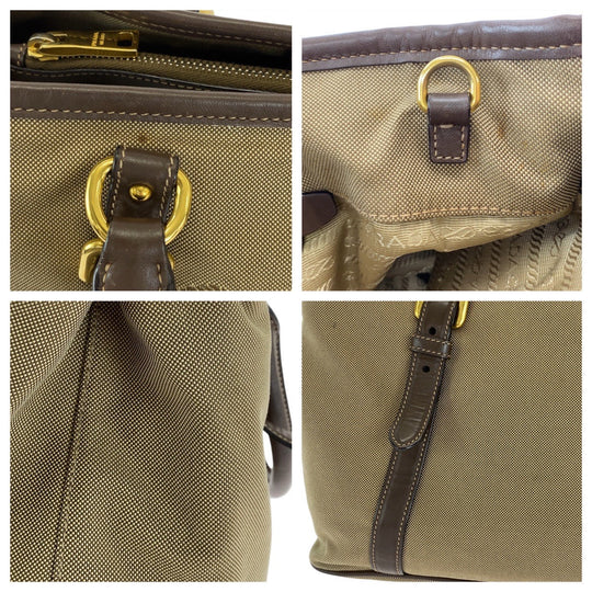 PRADA Tote Bag Canvas, Leather Khaki Brown Gold Metal Tote Bag Shoulder Bag Logo jacquard Triangle With logo Women Used Authentic