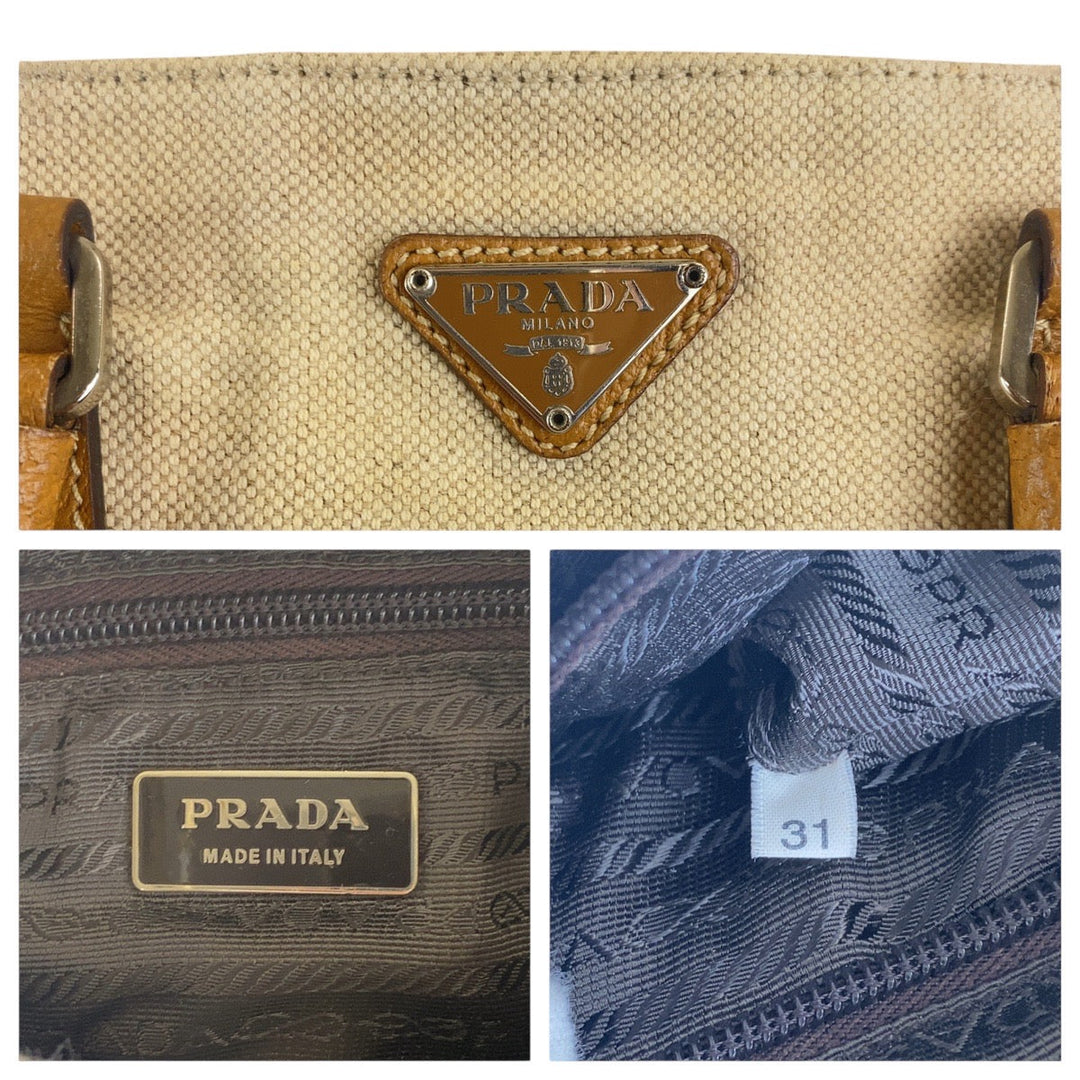 PRADA Handbag canvas beige Triangle With logo