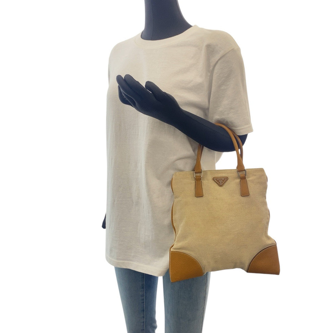 PRADA Handbag canvas beige Triangle With logo
