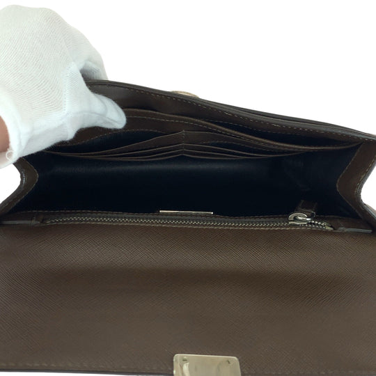 PRADA Clutch bag leather Brown Silver Metal Clutch bag business bag Safiano Triangle With logo mens Used Authentic