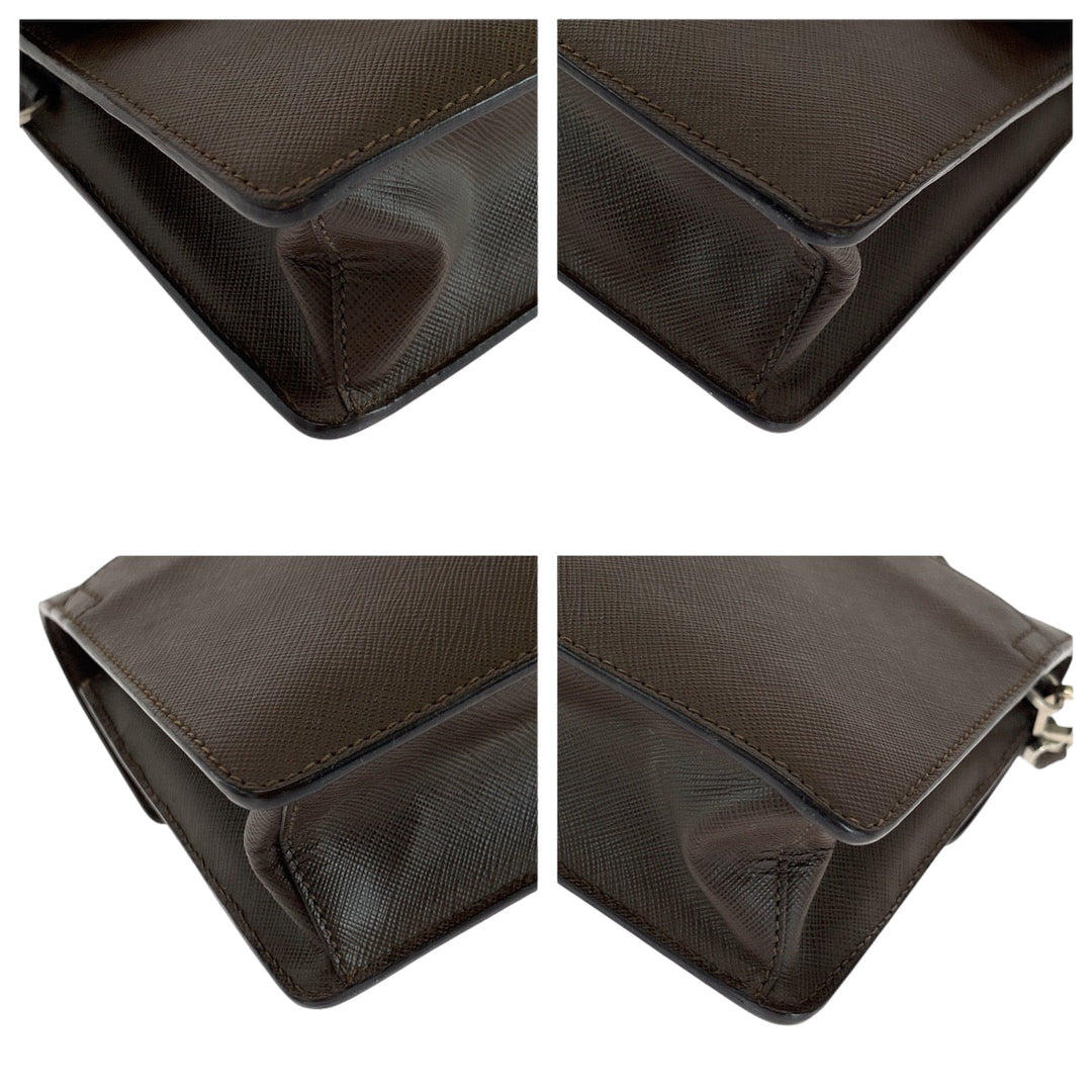 PRADA Clutch bag leather Brown Silver Metal Clutch bag business bag Safiano Triangle With logo mens Used Authentic