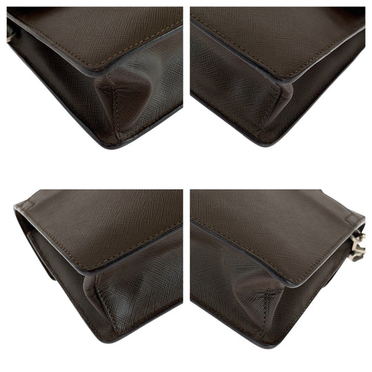 PRADA Clutch bag leather Brown Silver Metal Clutch bag business bag Safiano Triangle With logo mens Used Authentic
