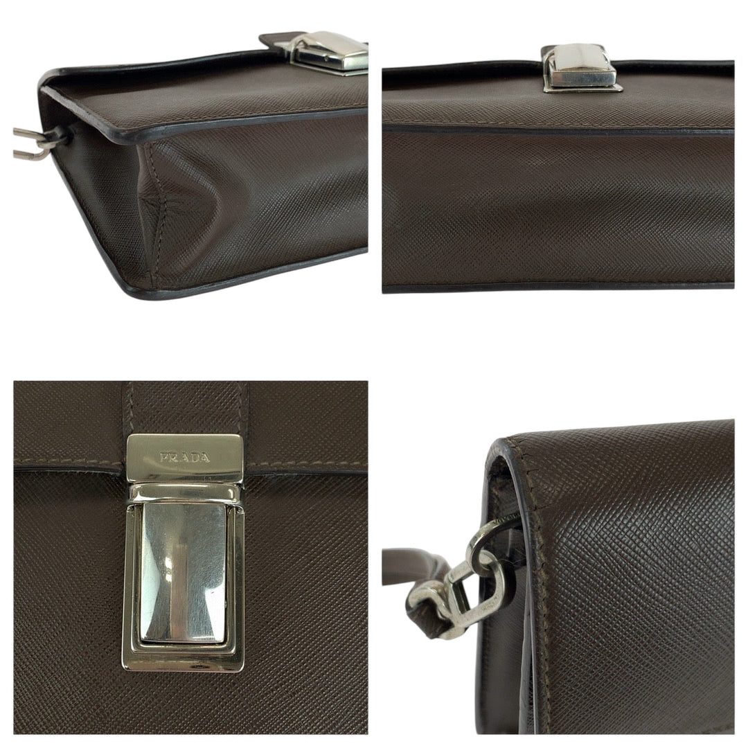 PRADA Clutch bag leather Brown Silver Metal Clutch bag business bag Safiano Triangle With logo mens Used Authentic