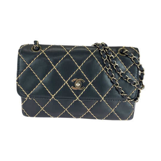 CHANEL Shoulder Bag lambskin Black GoldMetal Wild stitch COCO Mark Turnlock