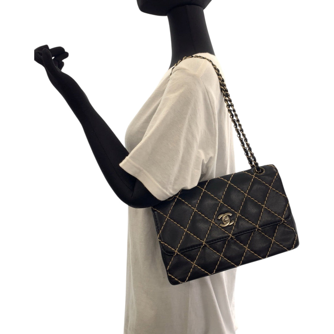 CHANEL Shoulder Bag lambskin Black GoldMetal Wild stitch COCO Mark Turnlock