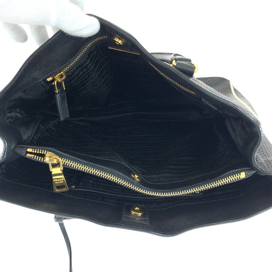 PRADA Tote Bag BN1875 leather black Safiano punching Triangle With logo