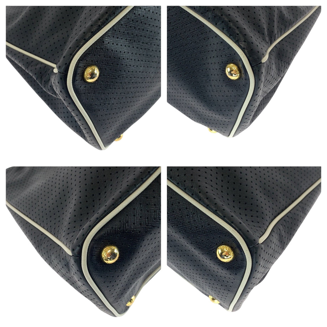 PRADA Tote Bag BN1875 leather black Safiano punching Triangle With logo