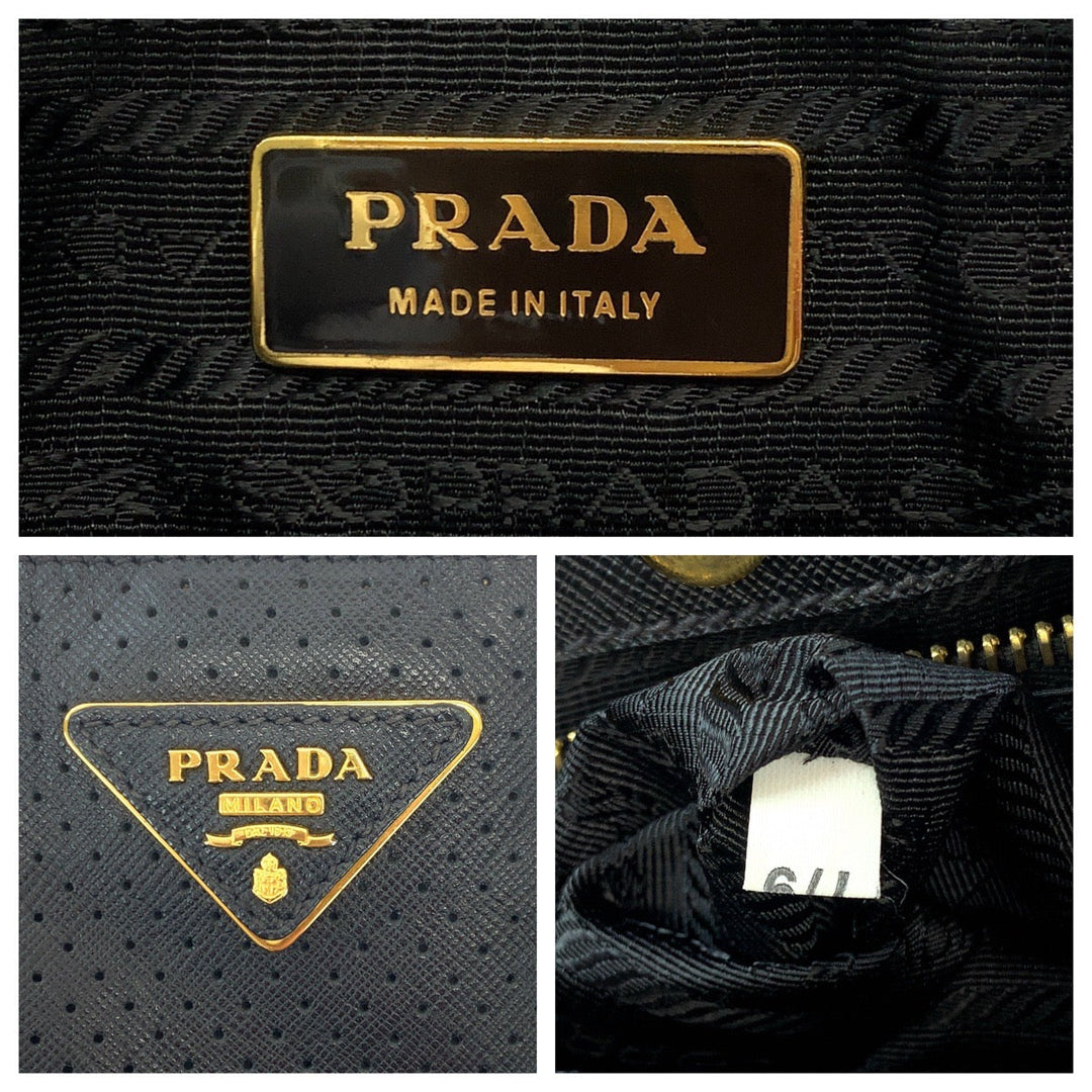PRADA Tote Bag BN1875 leather black Safiano punching Triangle With logo
