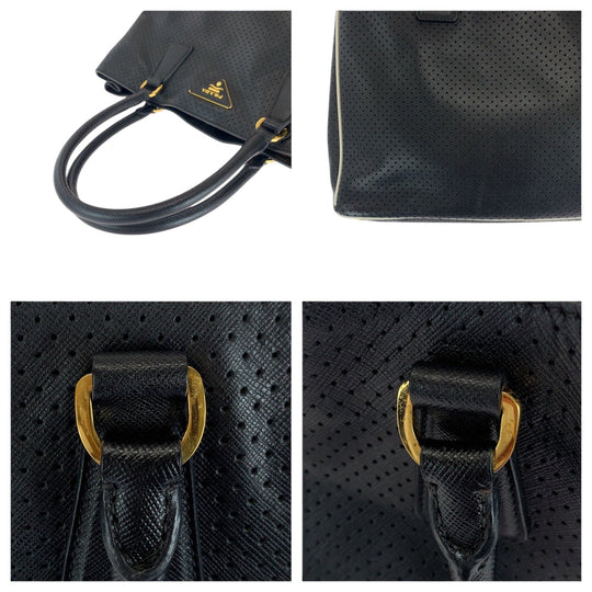 PRADA Tote Bag BN1875 leather black Safiano punching Triangle With logo