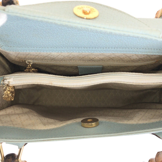 GUCCI Tote Bag 002 8260 leather Light Blue Gold Metal Bamboo Diana