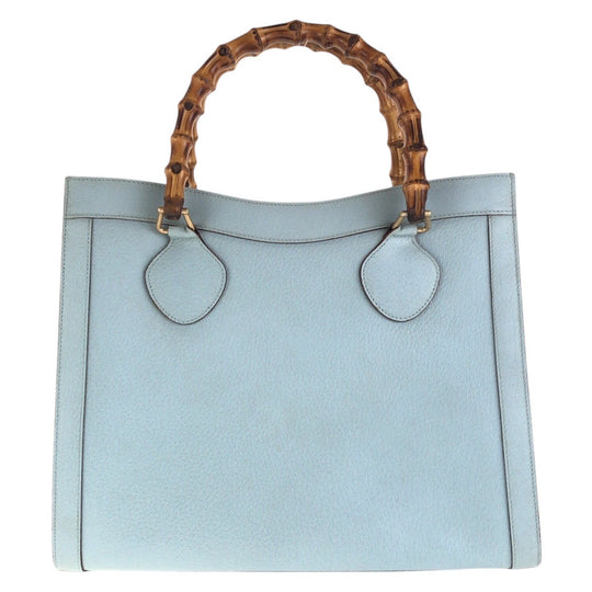 GUCCI Tote Bag 002 8260 leather Light Blue Gold Metal Bamboo Diana