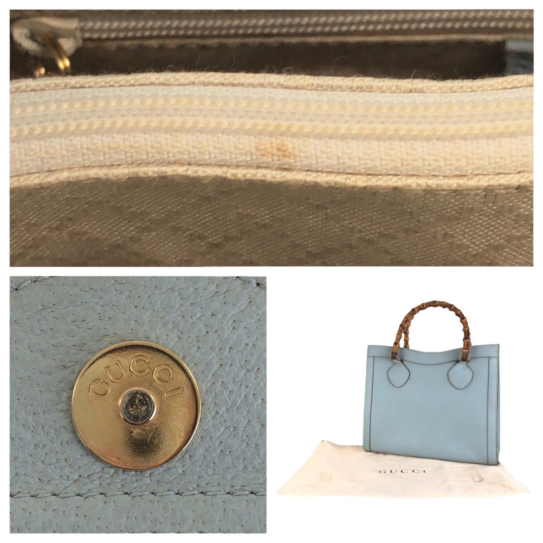 GUCCI Tote Bag 002 8260 leather Light Blue Gold Metal Bamboo Diana