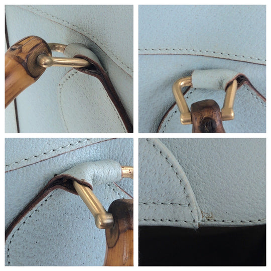 GUCCI Tote Bag 002 8260 leather Light Blue Gold Metal Bamboo Diana