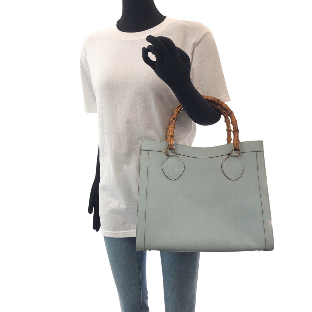 GUCCI Tote Bag 002 8260 leather Light Blue Gold Metal Bamboo Diana