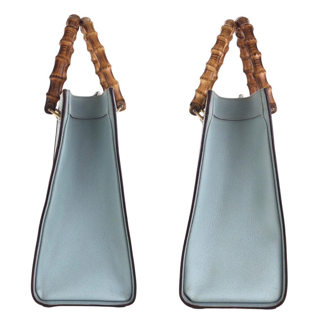 GUCCI Tote Bag 002 8260 leather Light Blue Gold Metal Bamboo Diana