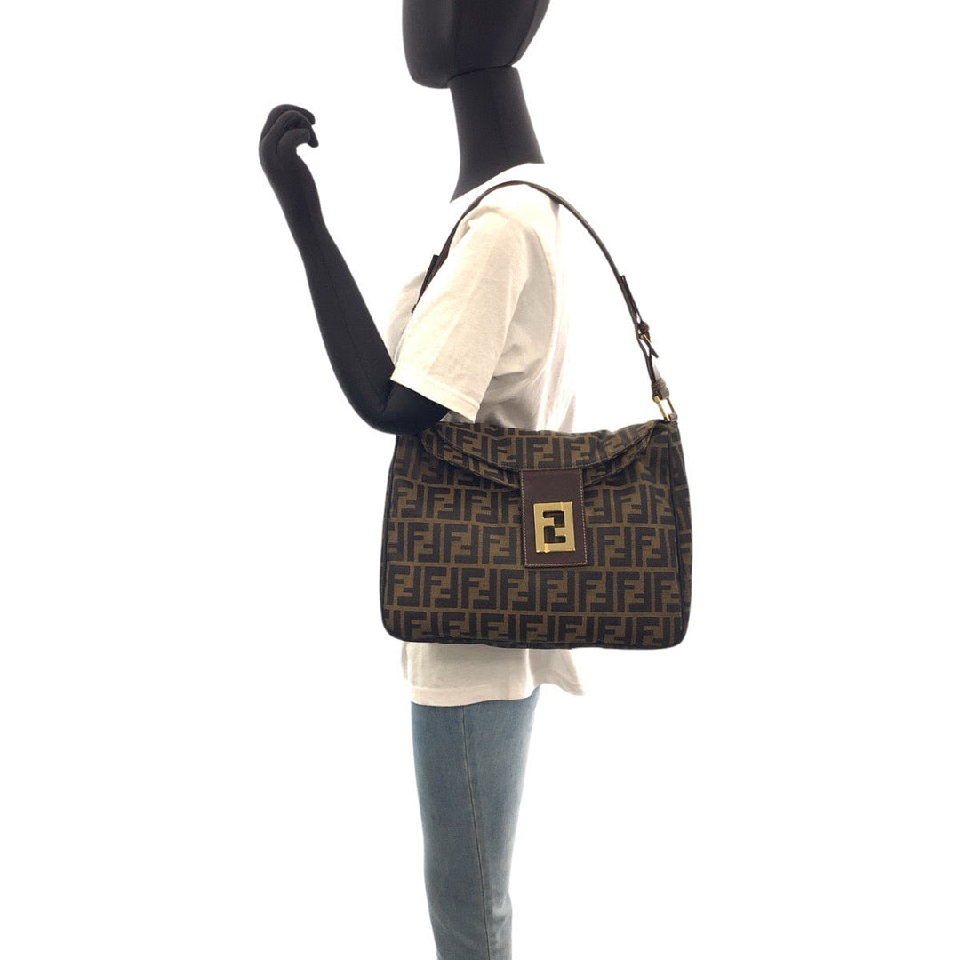 FENDI Shoulder Bag canvas Brown Gold Metal Zucca