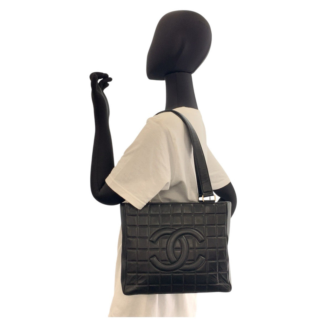 CHANEL Tote Bag lambskin black Chocolate bar COCO Mark