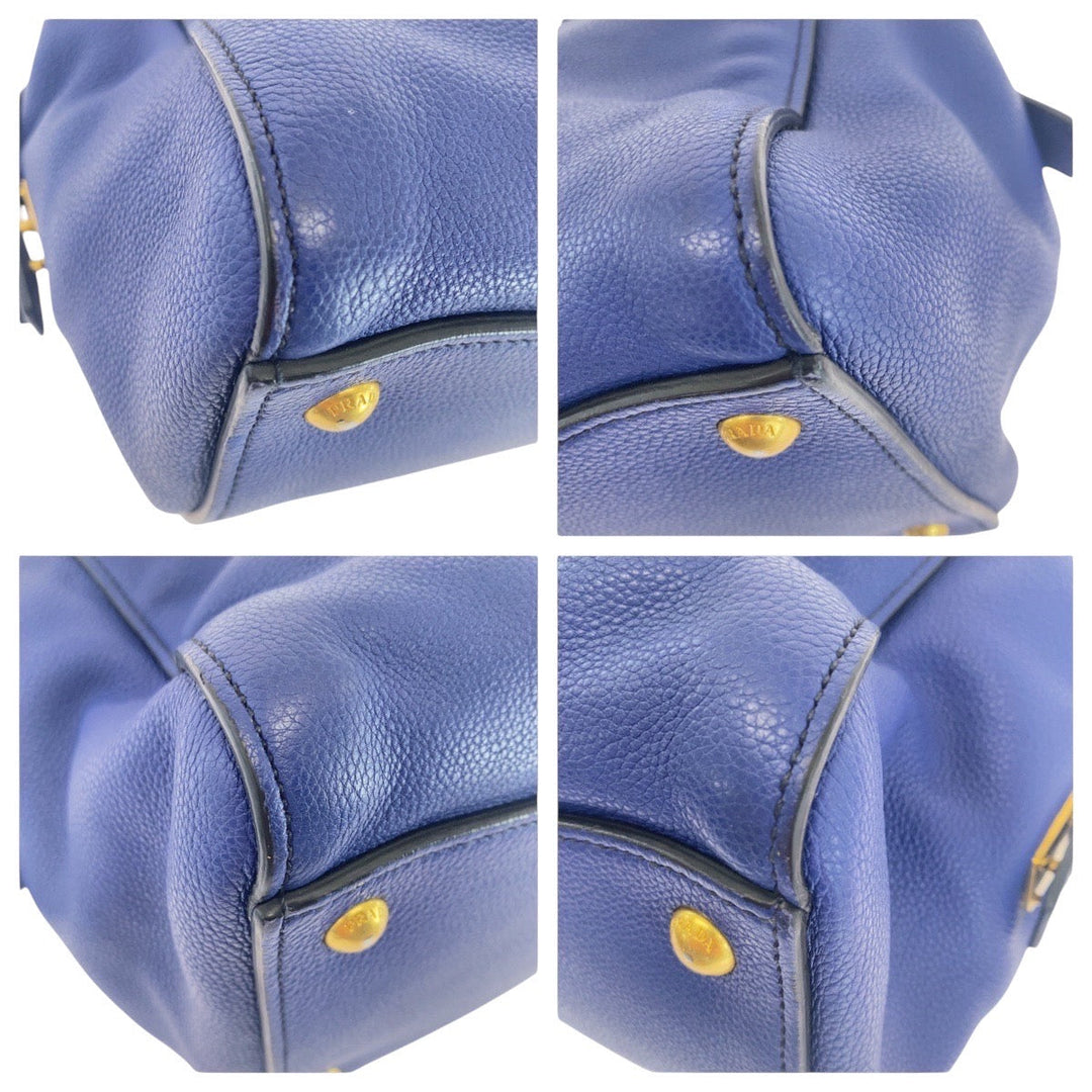 PRADA Handbag leather blue Witte Loglein Triangle With logo
