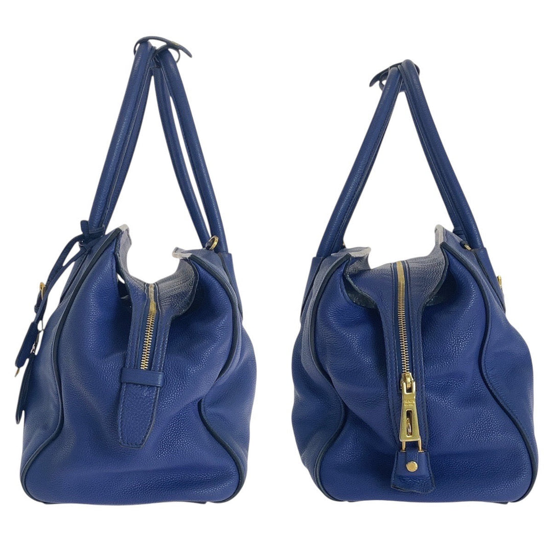 PRADA Handbag leather blue Witte Loglein Triangle With logo