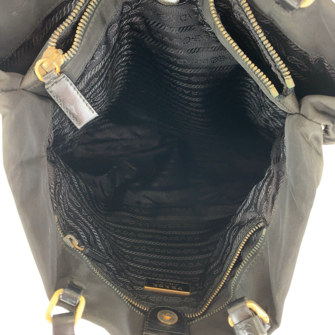 PRADA Tote Bag Nylon, Leather Black GoldMetal Tote Bag Shoulder Bag Test Triangle With logo Women Used Authentic