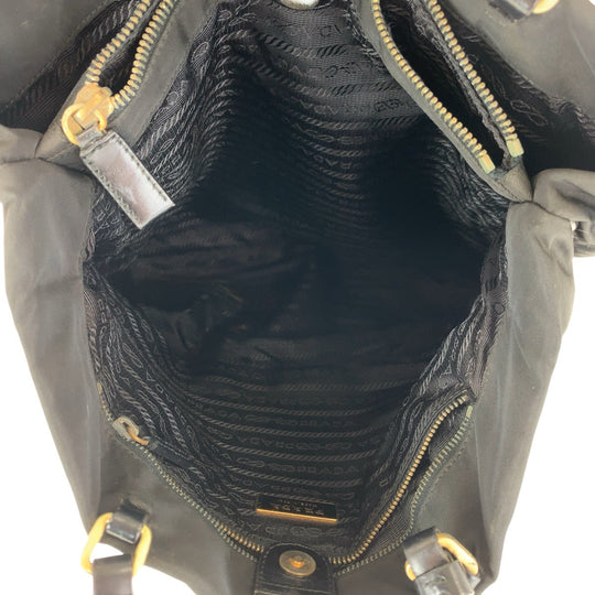 PRADA Tote Bag Nylon, Leather Black GoldMetal Tote Bag Shoulder Bag Test Triangle With logo Women Used Authentic