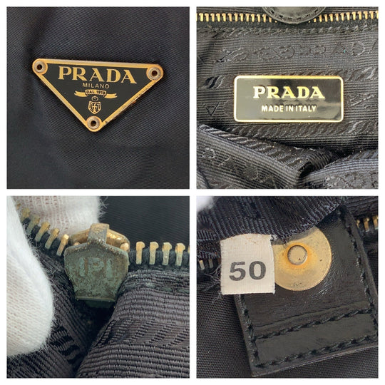 PRADA Tote Bag Nylon, Leather Black GoldMetal Tote Bag Shoulder Bag Test Triangle With logo Women Used Authentic
