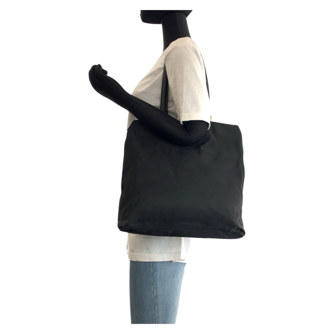 PRADA Tote Bag Nylon, Leather Black GoldMetal Tote Bag Shoulder Bag Test Triangle With logo Women Used Authentic