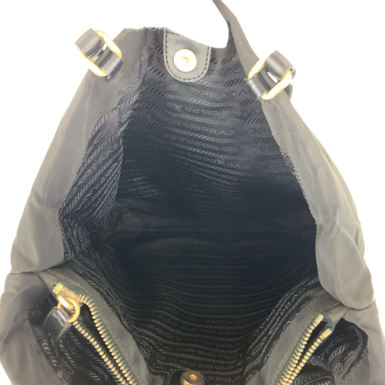 PRADA Tote Bag Nylon, Leather Black GoldMetal Tote Bag Shoulder Bag Test Triangle With logo Women Used Authentic