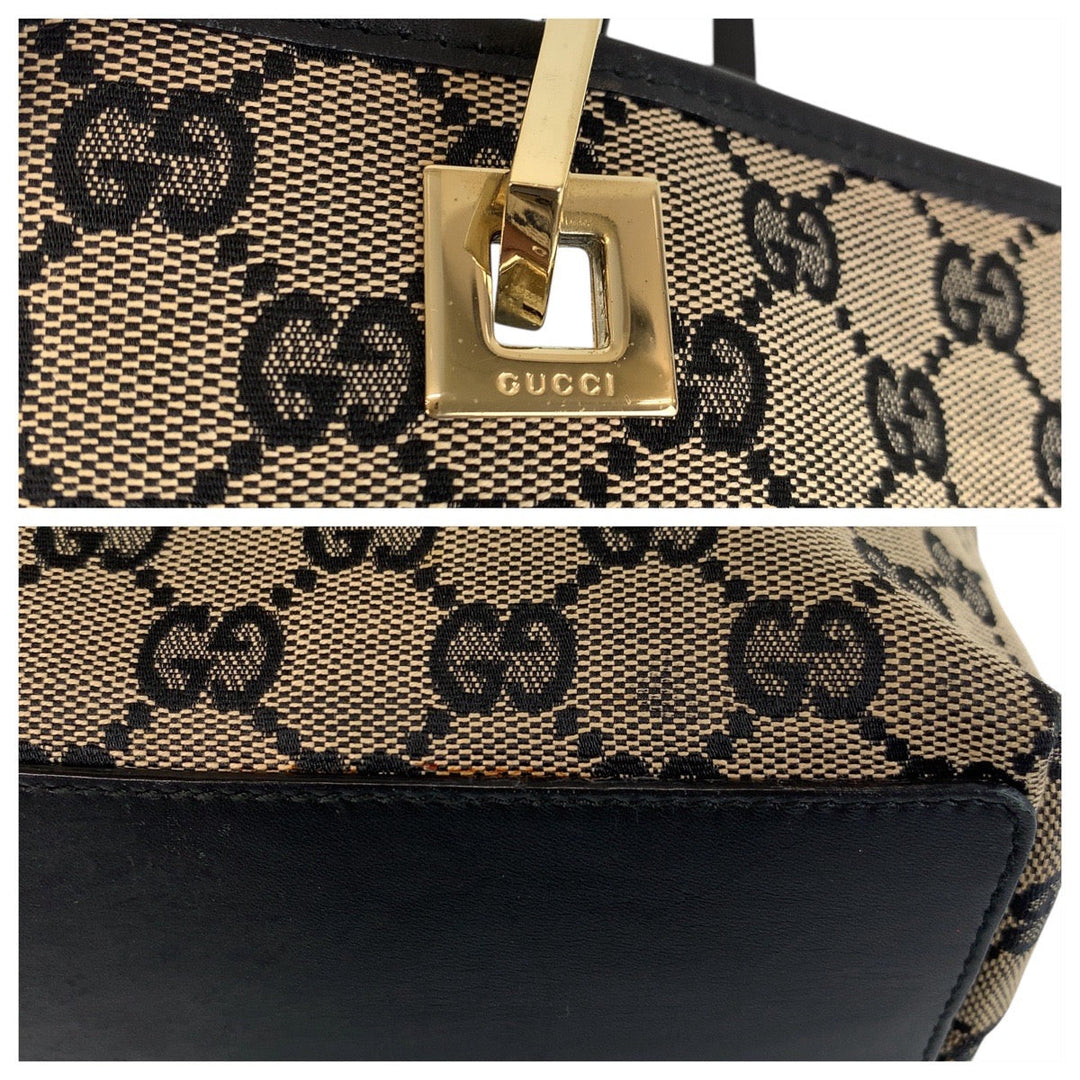 GUCCI Tote Bag 002 1098 GG canvas, leather Beige Black Gold Metal Tote Bag Shoulder Bag Women Used Authentic