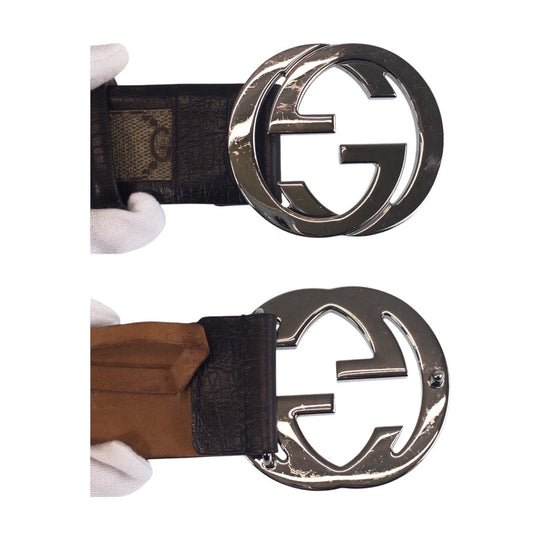 GUCCI belt 142930 GG Supreme canvas, leather Brown Silver Metal Belts Unisex Interlocking mens(Unisex) 32 Used Authentic